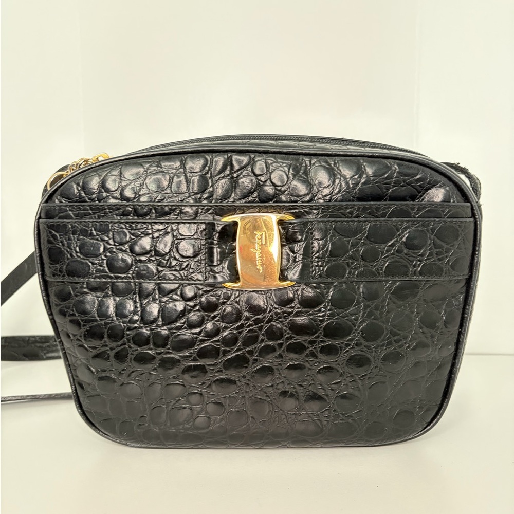 Salvatore Ferragamo Black Crocodile Embossed Leather Bag Gancini crossbody